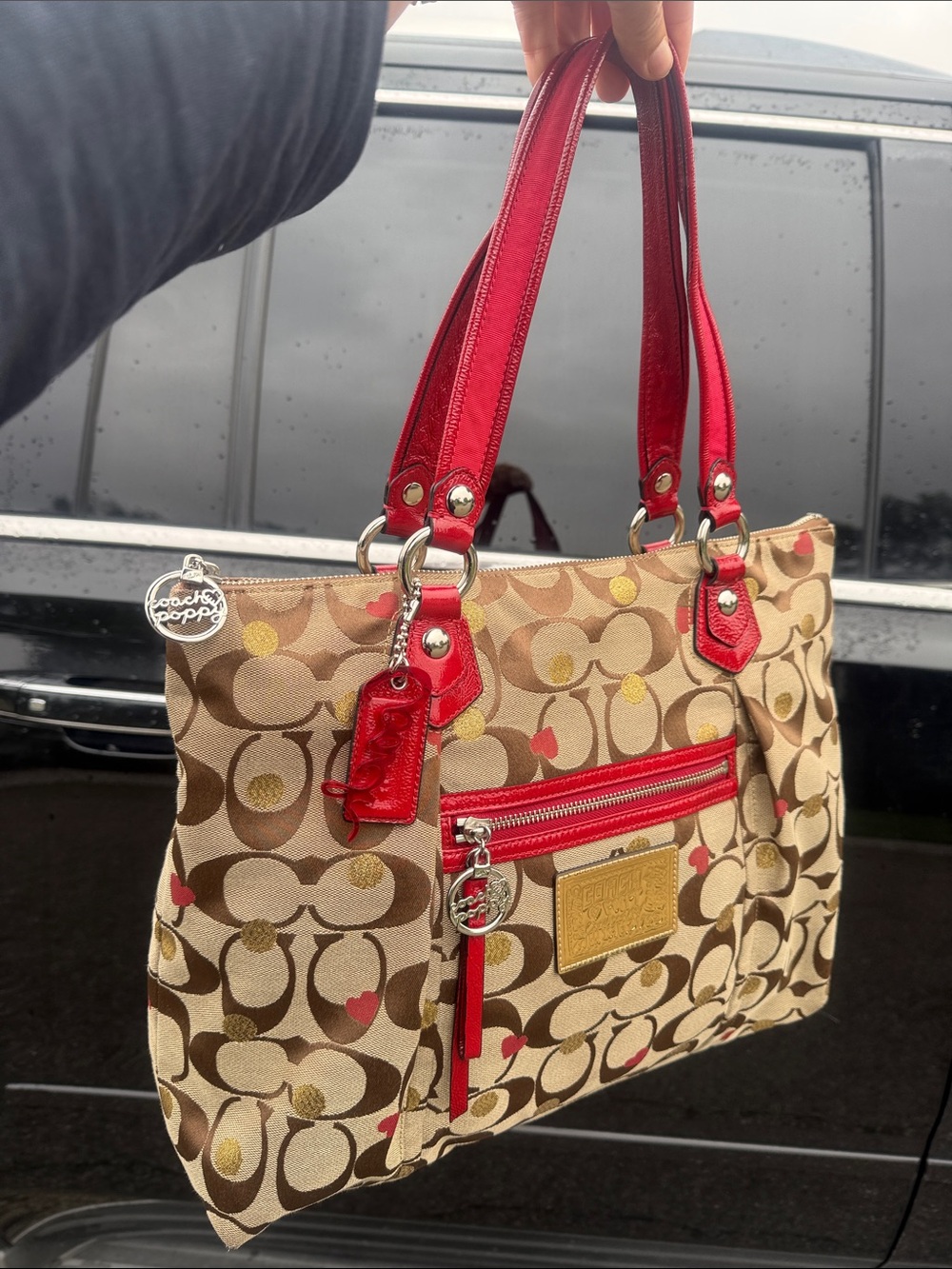 🌺❤️Coach Poppy Glam Tote 16289 Hearts Gold Dot Signature Canvas Red Leather Y2K🤎